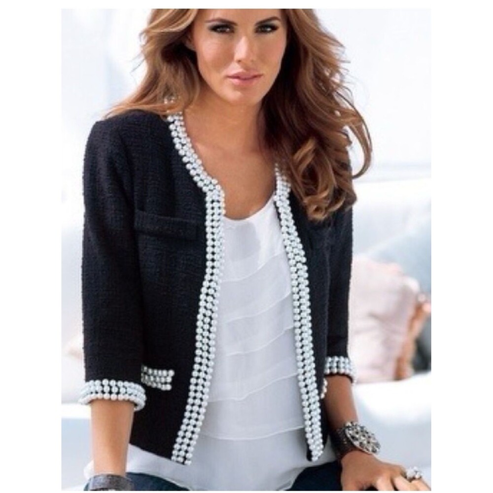 NEW Boston Proper Black Tweed Blazer Parisian Jacket Pearl Trim Size 10 Fall